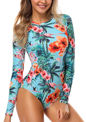 AXESEA Womens Long Sleeve Rash Guard UV UPF 50+ Sun Protection Printed Zipper Surfing One Piece Swimsuit Bathing Suit