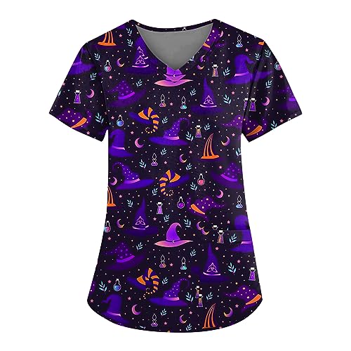 Halloween Scrubs Top Halloween Scrubs Tops for Women Plus Size Women's Tops Cute Magic Hat Print Workwear Nurse Tshirts with Pockets Large 08-Dark Purple