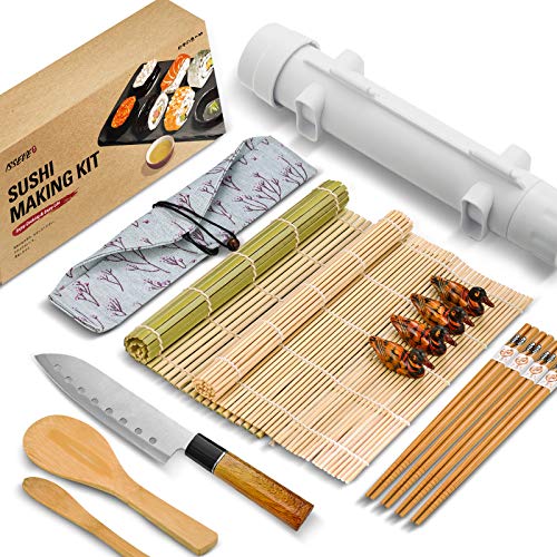 ISSEVE Sushi Making Kit/Sushi Bazooka Maker with Bamboo Mats and Chopsticks, Paddle, Spreader, Sushi Knife, DIY Sushi Roller Machine