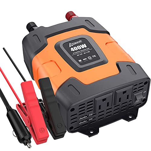 Ampeak 400W Power Inverter 4.8A Dual USB Ports 2 AC Outlets Car Inverter DC 12V to AC 110V 11 Protections for Devices