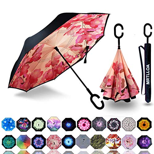 MRTLLOA 49/56 Inch Windproof Inverted Reverse Umbrella with UV Protection, Large, C-Shaped Handle, Double Layer, Stick Rain Umbrella for Men and Women (Peach Blossom)