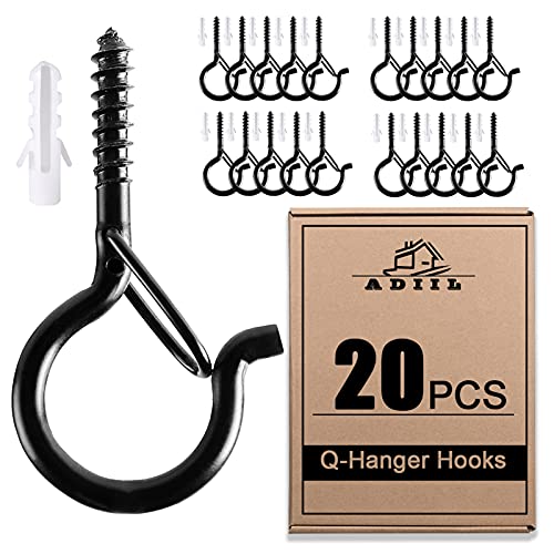 ADIIL 20 PCS Q Hanger Hooks with Safety Buckle, Windproof Screw Hooks for Hanging Outdoor String Lights, Plants, Christmas Patio Lights, 2.2 Inches, Black