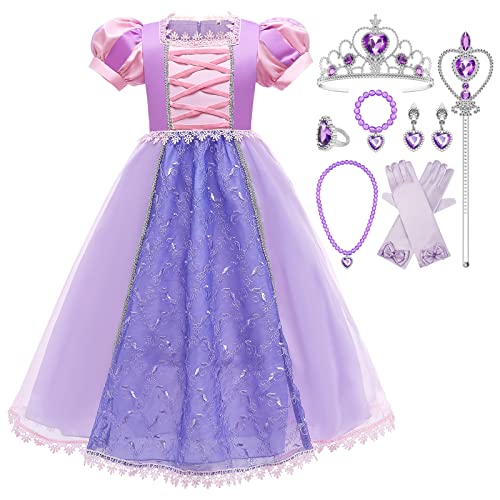 JOURPEO Girls Dress Puff Sleeve Princess Costume Dress Up Fancy Halloween Christmas Party Costume (Second Purple, 4-5 Years)