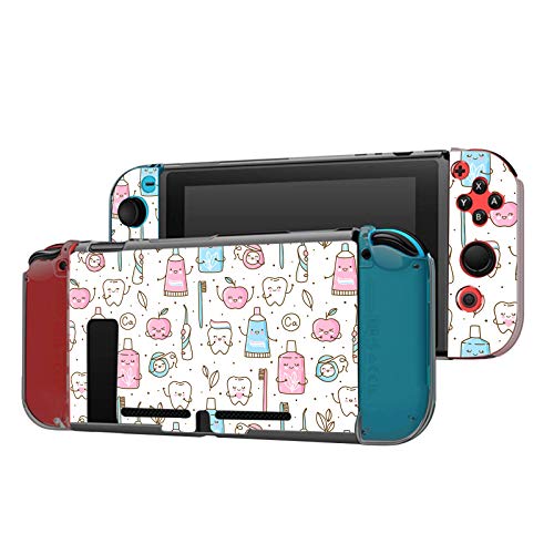 Dockable Case Compatible with Switch Console and Joy-Con Controller, Patterned ( Teeth, Toothpaste, Toothbrush Doodle ) Protective Case Cover with Tempered Glass Screen