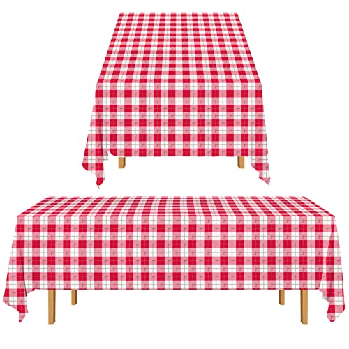 Gatherfun 3PCS Red White Gingham Rectangular Waterproof Tablecloth 54X108Inch Disposable Plastic Table Cover with Gold Stamping for Easter Picnic Barbecue Kitchen Holiday Birthday Party