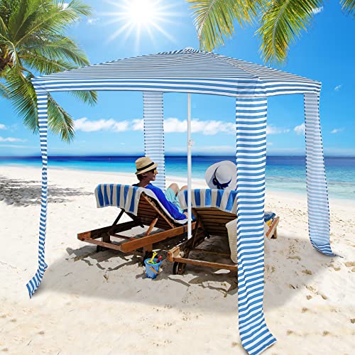 Tangkula 6.7'x6.8' Foldable Beach Cabana, Easy Set-up Portable Beach Tent with Carry Bag, Detachable Side Wall, 4 Sandbags, Wind Vent, Sun-Protection Outdoor Beach Umbrella Shelter for Family