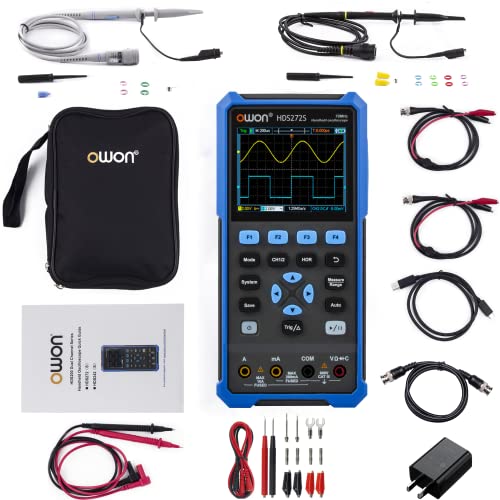 HDS272S OWON Oscilloscope 2+1CH Digital Handheld Oscilloscope Multiumeter 3 in 1 70MHz Bandwidth 3.5' LCD Multiumeter OSC+DMM+Waveform Signal Generator for Automobile Maintenance,Power Detection