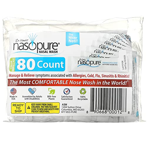 Nasopure Nasal Wash, Value Refill Kit, “The Nicer Neti Pot” Sinus Wash Kit, Comfortable Nasal Rinse 80 Salt Packets (3.75 Grams Each), Nasal Congestion, Cold, Flu, Allergy, Nasal Irrigation System