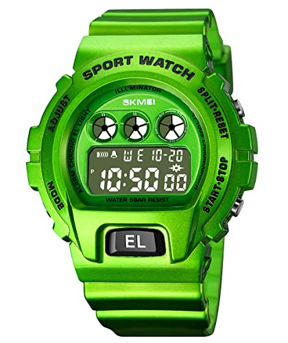 Unisex Digital Watch EL Light Waterproof Multifunction PU Strap Alarm 2 Time Fashion Couple Watch (Green) (Green)