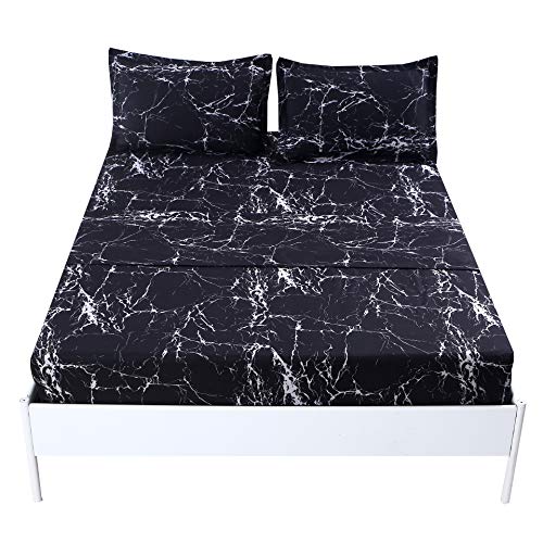 MAG Black Marble, Super Soft Microfiber Bed Sheet 4PC, Marble Bedding Sheet Set Included 1 Fitted Sheet, 1 Flat Sheet with 2 Pillowcases, 14 Inches Deep (Queen, Black)