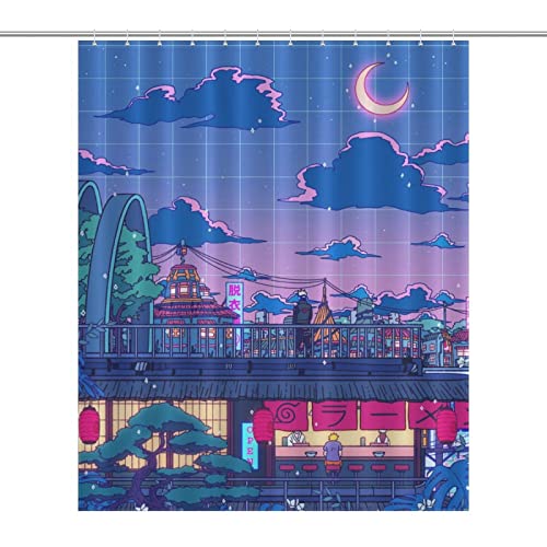 LUPPLE Japanese Anime Fun and Artistic Anime Shower Curtain for Bathroom Decor, Waterproof Window Curtain with Hooks, 60×72Inch