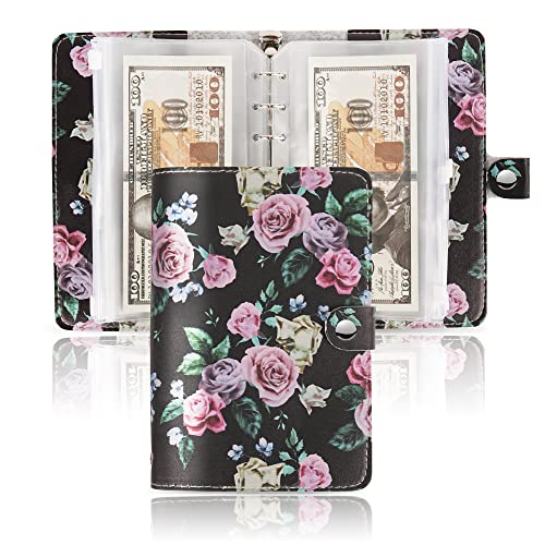 LIZIMANDU Cash Envelopes for Budgeting,Budget Binder with 12Pcs Budget Planner with Cash Envelopes,Money Organizer for Cash,PU Leather A6 Binder for Money Saving Organizer(1-Black Rose)