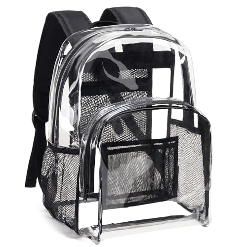 Vorspack Clear Backpack Heavy Duty PVC Transparent Backpack with Reinforced Strap Stitches & Large Capacity for College Workplace Security - Black