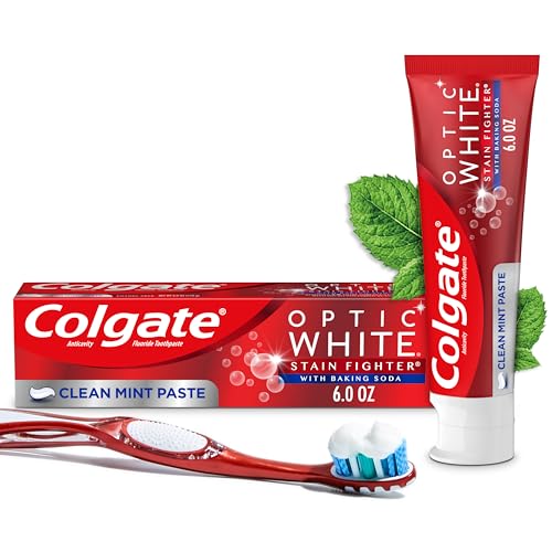 Colgate Optic White Stain Fighter with Baking Soda Whitening Toothpaste, Clean Mint Flavor, Removes Surface Stains, Enamel-Safe for Daily Use, Teeth Whitening Toothpaste with Fluoride, 6 Oz Tube