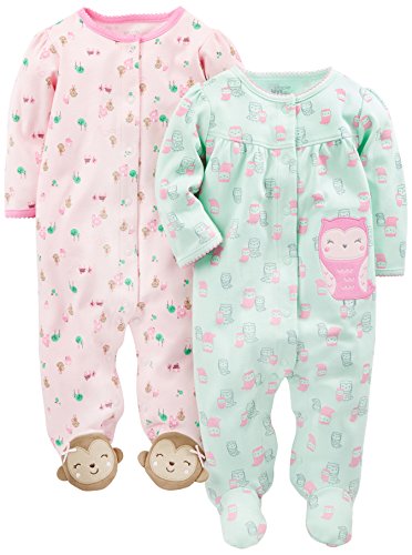 Simple Joys by Carter's Baby Girls' Cotton Snap Footed Sleep and Play, Pack of 2, Mint Green Owls/Pink Monkey, 3-6 Months