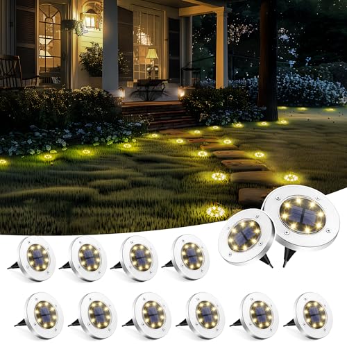 SOLPEX 12 Pack Solar Ground Lights Outdoor, Waterproof 8 LED Solar Powered Disk Lights Outdoor Garden Landscape Lighting for Yard Deck Lawn Patio Pathway Walkway (Warm White)