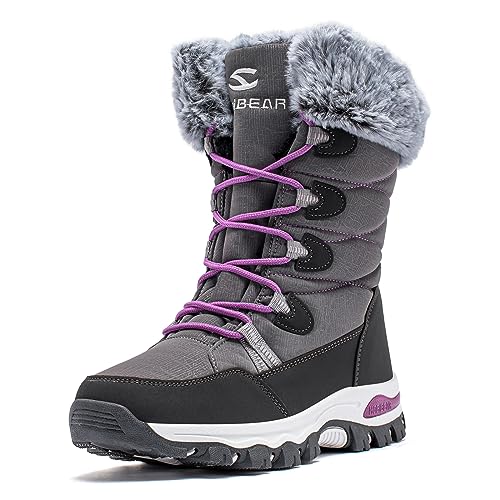 HOBIBEAR Women's Waterproof Winter Snow Boots Lightweight Warm Faux Fur Lined Mid-Calf Booties（Grey/New,8