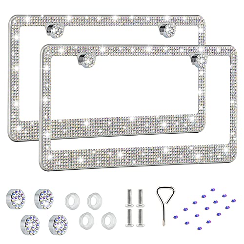 FIISFIIS Bling License Plate Frame for Women,2 Pack Premium Stainless Steel Rhinestone License Plate Holder,Handmade Glitter Crystal Diamond Girl Lincense Plate Cover,Bedazzled Sparkly Caps-Colorful