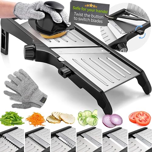 Mandoline Food Slicer, Adjustable Stainless Steel with Waffle Fry Cutter Crinkle Cut Potato Chip Vegetable Onion