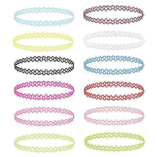 BodyJ4You 12PC Tattoo Choker Necklace Set - 90s Accessories 80s Old School 2000s Jewelry - Vibrant Pink Blue White Green Black - One Size Women Teen Girl - Stretchy Multicolor Collar