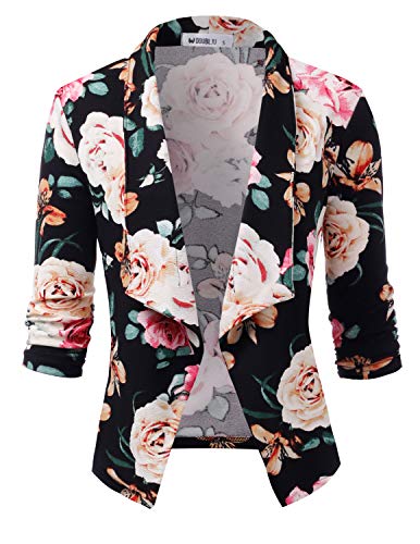 DOUBLJU Ruched 3/4 Sleeve Open Front Draped Blazers Business Casual Basic Work Jackets for Womens Clothes with Plus Size