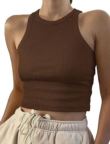 Artfish Women Casual Basic Sleeveless High Neck Rib-Knit Front Racerback Crop Tank Top 01#Brown,M
