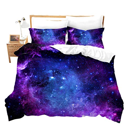 Feelyou Galaxy Duvet Cover Set Twin Size for Girls Boys Teens Kids Starry Sky Bedding Set Cosmos Comforter Cover with 1Pillow Shams Zipper Ultra Soft Microfiber Blue Purple Bedspread Cover