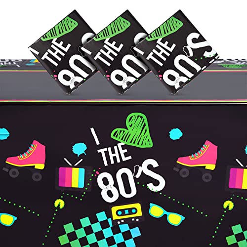 Sparkle and Bash 3 Pack I Love The 80s Tablecloth, Retro 1980s Table Covers for Birthday Party (Black, 54 x 108 in)