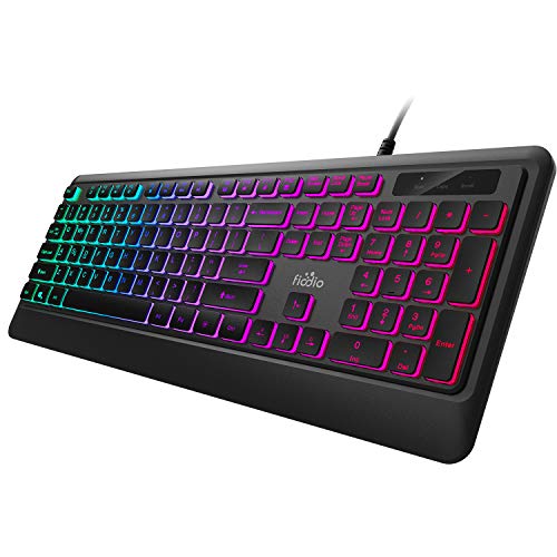 Fiodio Rainbow Membrane Gaming Keyboard, Quiet Wired Computer Keyboard, 104 Silent & 26 Anti-Ghosting Keys, Spill Resistant, Multimedia Control for PC and Desktop