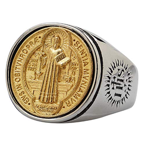 Two Tone Titanium Stainless Steel Catholic Saint Benedict Medal Cross Ring for Men Women Size 11