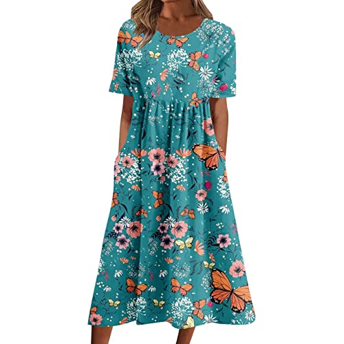 Womens Boho Floral Long Tshirt Dress with Pocket Fall Summer Casual Short Sleeve Plus Size Flowy Midi Beach Dress