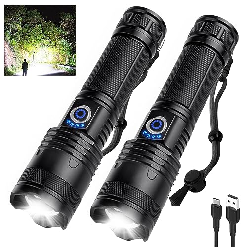QOPOYU LED Rechargeable Flashlights High Lumens Flash Light, 250,000 Lumens Super Bright Powerful Tactical Flashlight, 5 Modes IPX6 Waterproof Handheld Flashlights for Camping Emergencies (2 Pack)
