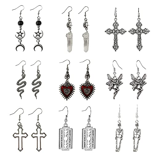 Gothic Punk Vintage Earrings Set Grunge Y2k Jewelry Fairy Fairycore Coquette Rock Harajuku Snake Evil Eye Hear Cross Skeleton Crystal Dangle Halloween Earrings for Women Teen Girls
