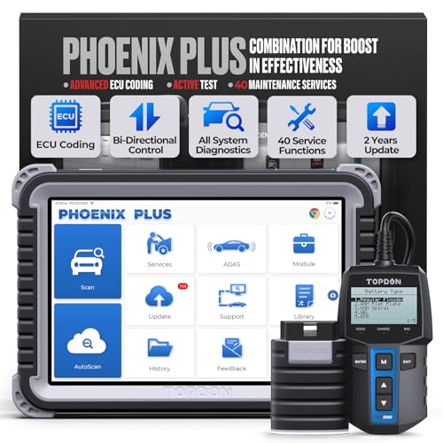 TOPDON Phoenix Plus Automotive Diagnostic Scan Tool with Battery Tester, 2 Years Free Update, Bi-Directional Control, ECU Coding, 40+ Reset Service, Key Matching, All System Diagnosis