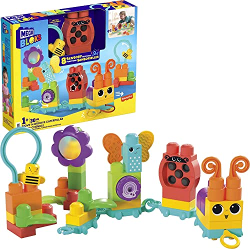 MEGA BLOKS Fisher Price Sensory Building Blocks Toy, Move N Groove Caterpillar Train With 24 Pieces and Pull String, Gift Ideas For Toddlers