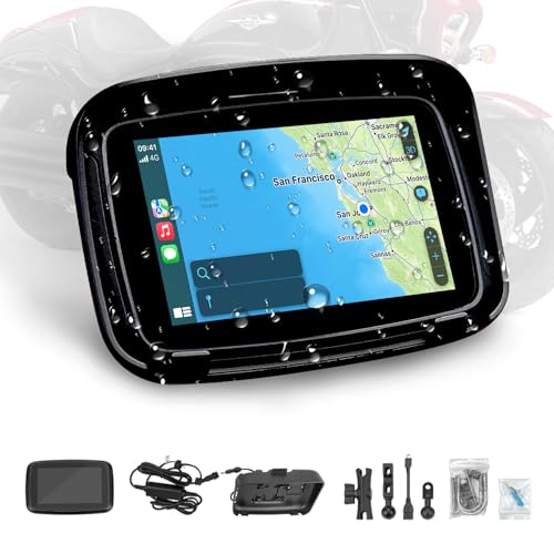 Wireless Apple CarPlay Dual Bluetooth Touchscreen for Motorcycles, 5' IPS Portable Motorcycle GPS Navigation System via CarPlay/Android Auto for Any Motorbike, IPX7 Waterproof, Support Siri and Google