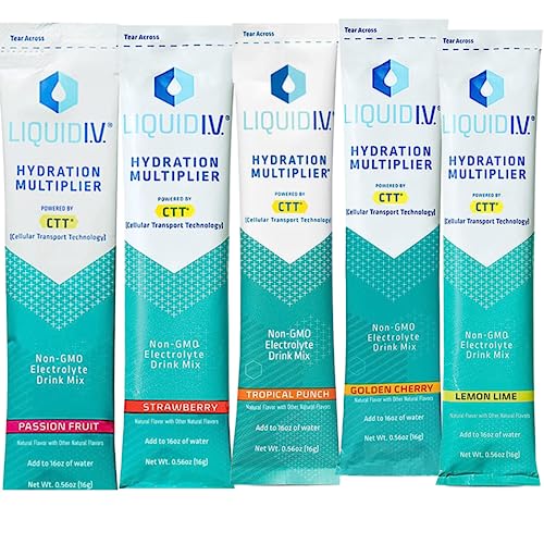 Liquid IV Hydration Multiplier Sampler Variety Pack - Strawberry, Passion Fruit, Tropical Punch, Golden Cherry, Lemon Lime - 5 total servings