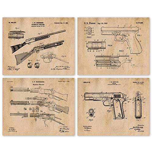 Vintage Glock Colt 1911 Winchester Remington Patent Prints, 4 (8x10) Unframed Photos, Wall Art Decor Gifts Under 20 for Home Office Man Cave Guns Garage Student Teacher Cowboys Military Veterans Fan