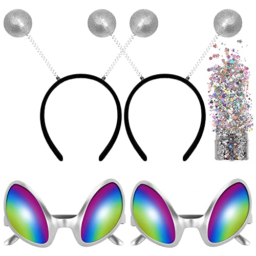 FRCOLOR Alien Headband Alien Glasses with Chunky Glitter Alien Martian Antenna Headband Alien Costume Women Alien Ball Head Boppers Holographic Alien Headband Kids Adult