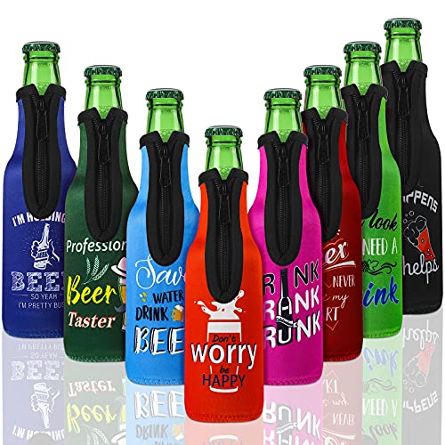 Perthlin Summer Beer Bottle Insulator Sleeve with Zipper Neoprene Insulated Bottle Jackets Keep Warm and Cold Beer Bottle Sleeves with Stitched Fabric Edges for Party (8 Piece, Artsy Style)