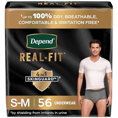 Depend Real Fit Incontinence Underwear for Men, Disposable, Maximum Absorbency, Small/Medium, Grey, 56 Count (2 Packs of 28), Packaging May Vary