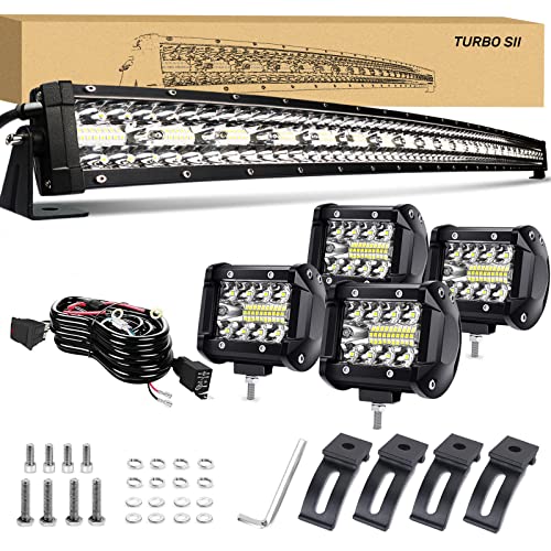 TURBO SII 30/32 Inch Curved Led Light Bar 585W Triple Row Offroad Driving Spot Flood Combo Beam Led Bar IP67 Waterproof w/2Pcs 4 Inch 60W Led Pod Lights for Trucks Polaris Ranger RZR ATV UTV Boat