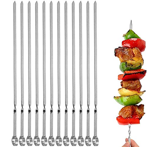 JOMVERL 12PCS Kabob Skewers Flat Metal BBQ Barbecue Skewer 14' Long Stainless Steel Shish Kebob Sticks Wide Reusable Grilling Skewers Set for Meat Shrimp Chicken Vegetable, 12 Pack