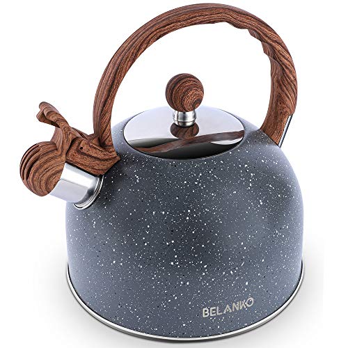 Tea Kettle, 2.3 Quart / 2.5 Liter BELANKO Stainless Steel Tea Kettles, Food Grade Stovetops Tea pot with Wood Pattern Handle Loud Whistling for Tea, Coffee, Milk etc, Gas Electric Applicable - Gray