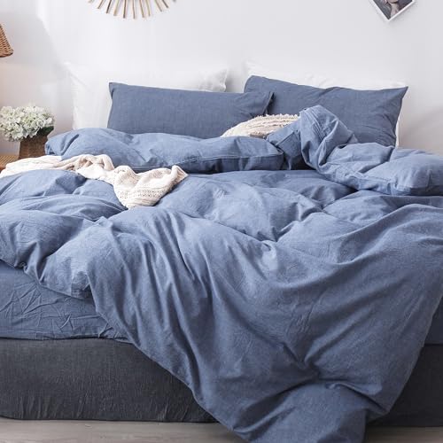MooMee Bedding Duvet Cover Set 100% Washed Cotton Linen Like Textured Breathable Durable Soft Comfy (Blue, King)
