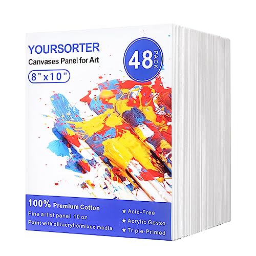 Canvases for Painting 48 Pack, 8x10 inch Blank Painting Canvas Boards for Painting Supplies, Primed Acid-Free 100% Cotton Canvas Panels for Acrylic Oil Tempera Watercolor Paints, Art Supplies