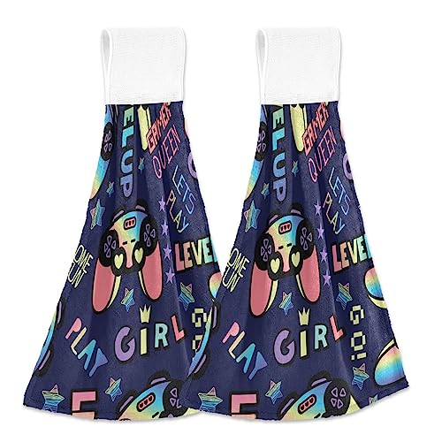 SLHKPNS Pink Girl Joysticks Kitchen Hanging Hand Towels, Video Game Controller Absorbent Tie Towel with Loop 2 PCS Kitchen Linen Sets for Bathroom Restroom Home Decor