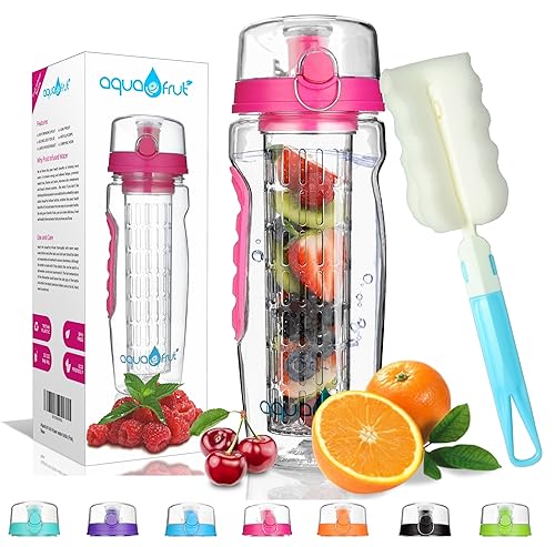 AquaFrut 32 OZ Fruit Infuser Water Bottle BPA-Free Fruit Infusion Sports Bottle - Flip Top Lid w Drinking Spout, Leak Proof, Made of Durable Tritan. Free Recipe eBook! (Pink)