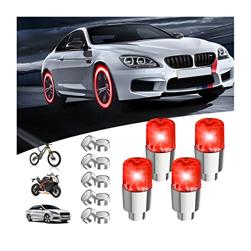 AICEL 4PCS LED Car Wheel Tire Valve Caps Lights, Neon Spoke Flash Light Bulb for Bike Motorcycle, Waterproof Motion Sensors Led Lamp with 10 Extra Battery, Auto Accessories for Most Cars (Red)