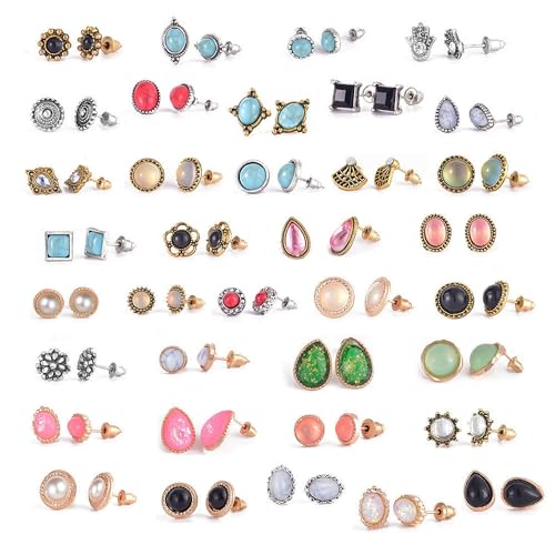 36 Pairs Boho Stud Earrings Set for Women Hypoallergenic Vintage Earrings Pack Fashion Opal Turquoise Studs for Girls (Boho Studs)